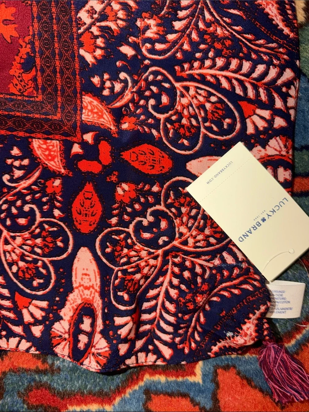 Lucky Brand Scarf 100% Silk Boho Paisley Print40x40” Square Floral TASSELS - NEW